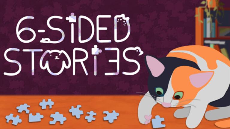 The official artwork for 6-Sided Stories, showing an adorable cat playing with jigsaw puzzles.