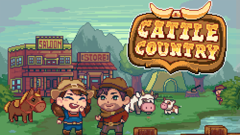 The official artwork for Cattle Country showing the town and the playable characters.