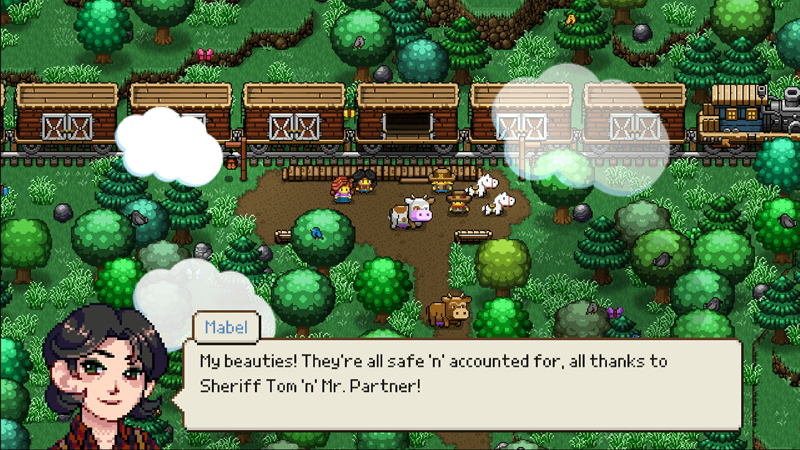 A screenshot of Cattle Country, showing some of the town and NPCs you can interact with.