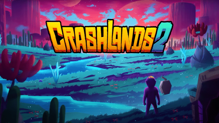 The official artwork of Crashlands 2 showing Flux crashlanding on Woanope.