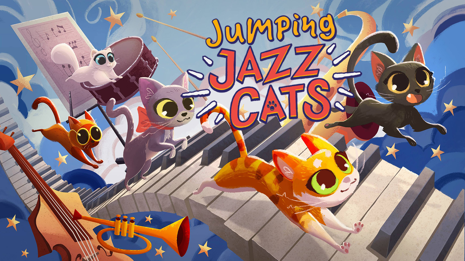 The official artwork for Jumping Jazz Cats, showing a team of cats leaping around.