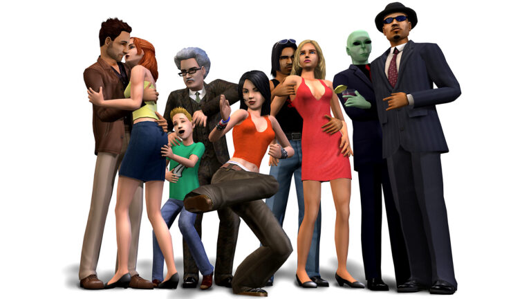 Several Sims from The Sims 2 cover art.