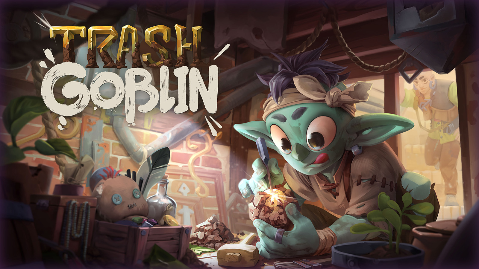 The official artwork for Trash Goblin, showing the playable goblin collecting and repairing trinkets.