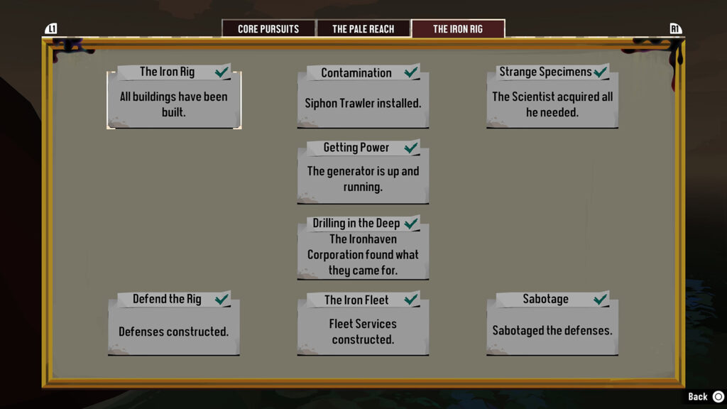 A screenshot showing all of the Pursuits in the Dredge The Iron Rig DLC.