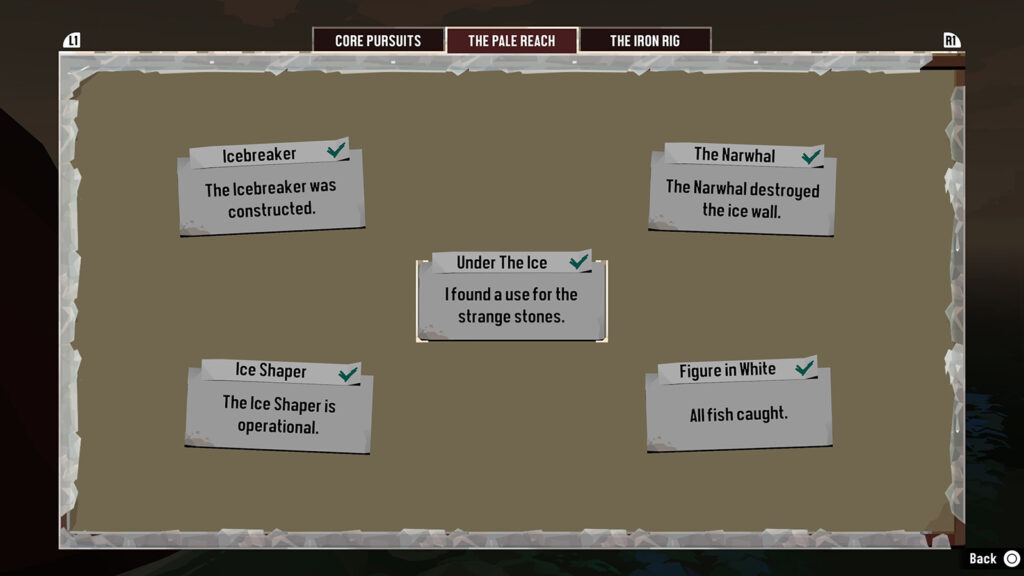 A screenshot showing all of the Pursuits in the Dredge Pale Reach DLC.