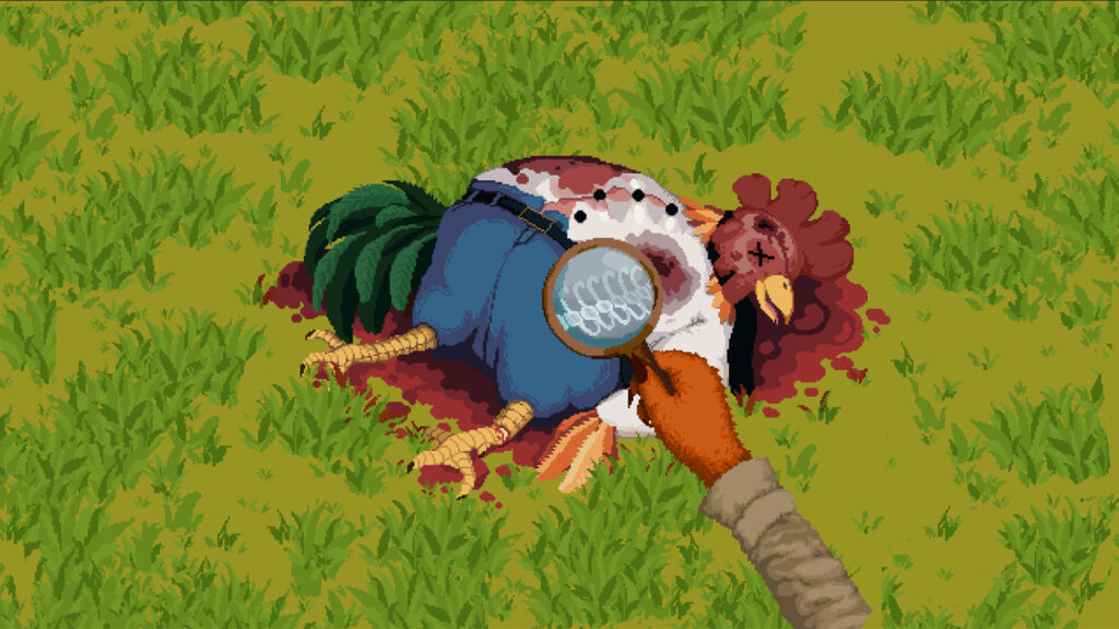 An official screenshot from No Stone Unturned showing the dead chicken who kick-starts the events of the game.