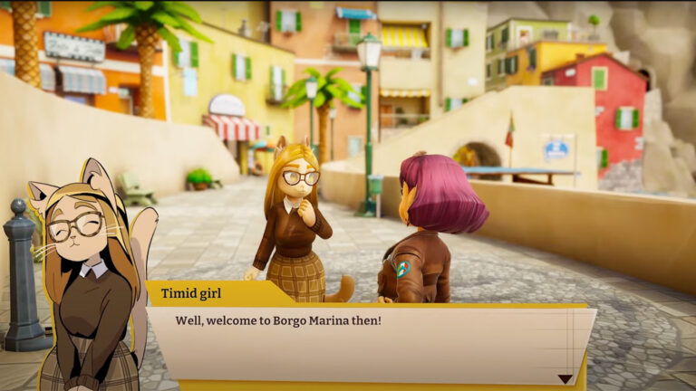 A screenshot from On Your Tail, showing Diana interacting with the locals of Borgo Marina.