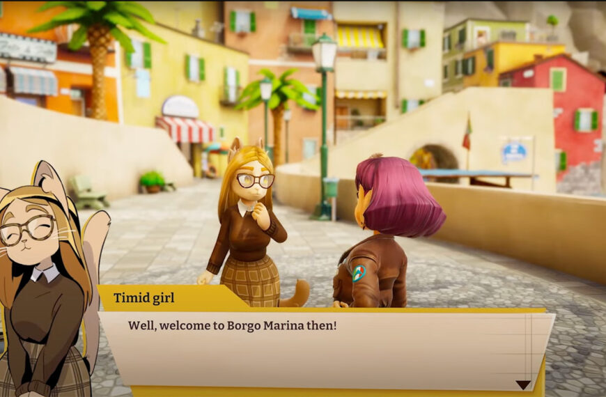 A screenshot from On Your Tail, showing Diana interacting with the locals of Borgo Marina.