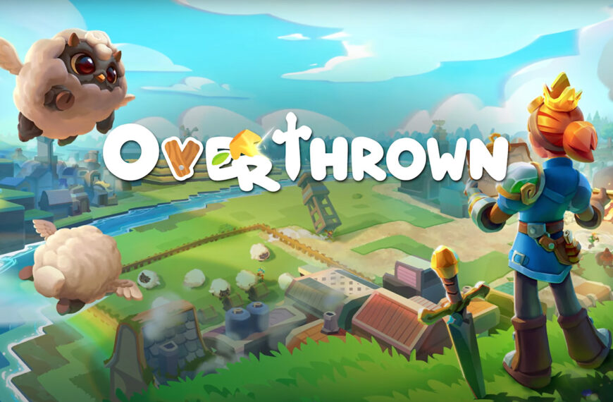 The official artwork for Overthrown, showing the player character exploring a vast world.