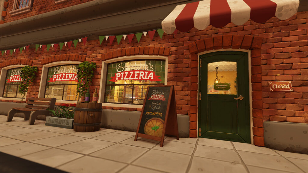 A screenshot from Pizza Slice showing the pizzeria from the outside.