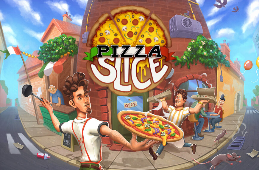 The official art for Pizza Slice showing Tonio outside his pizzeria.