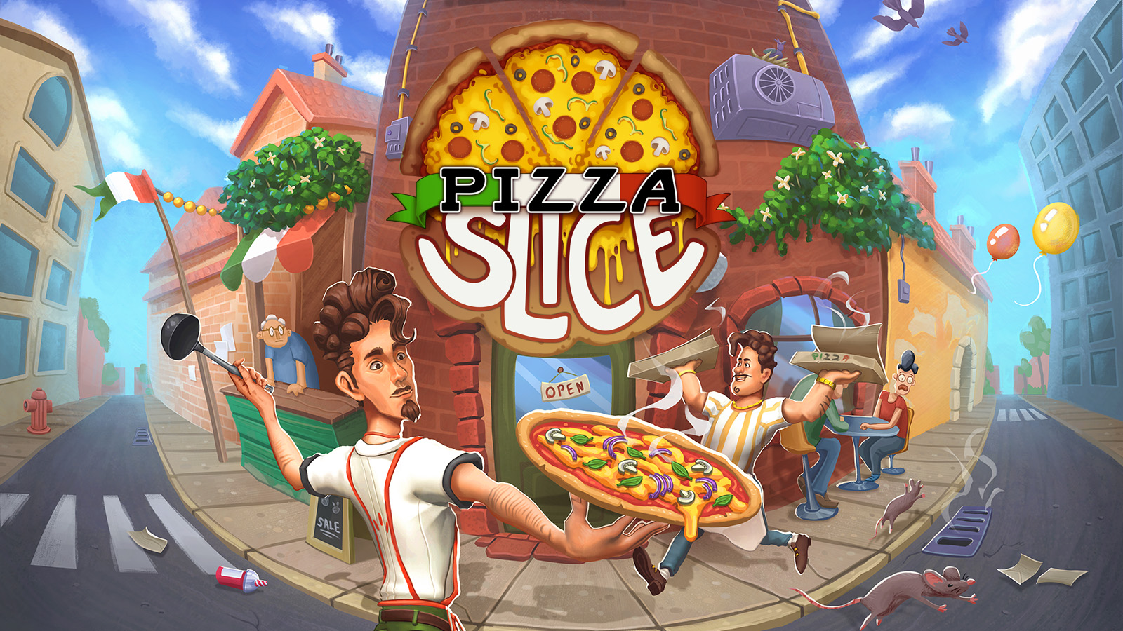 The official art for Pizza Slice showing Tonio outside his pizzeria.