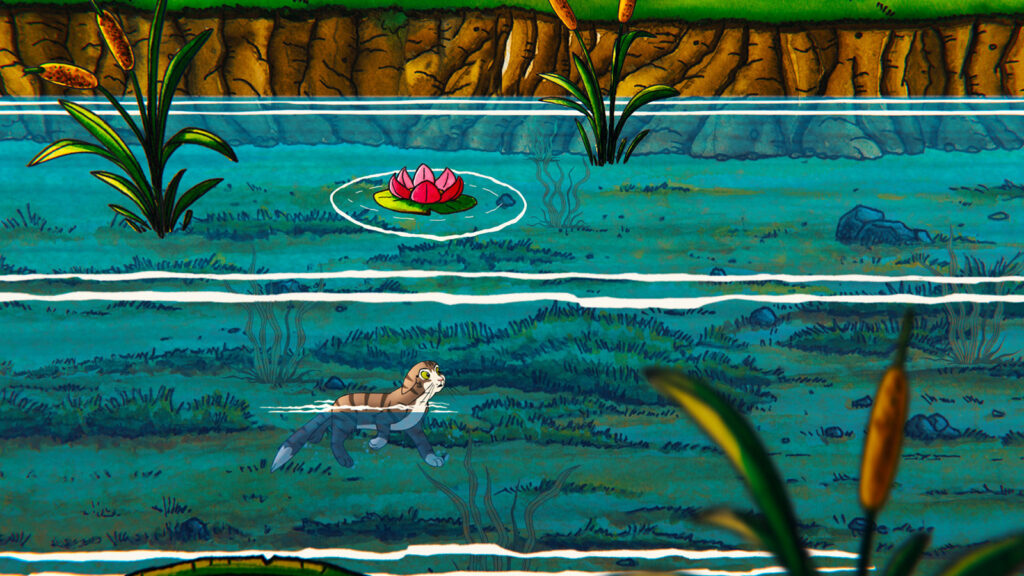 A screenshot of Stars in the Trash showing Moka swimming.