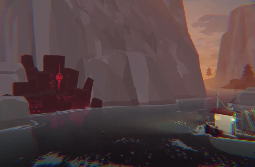 A screenshot from the Dredge launch trailer, showing the player character sailing to a mysterious rock formation.