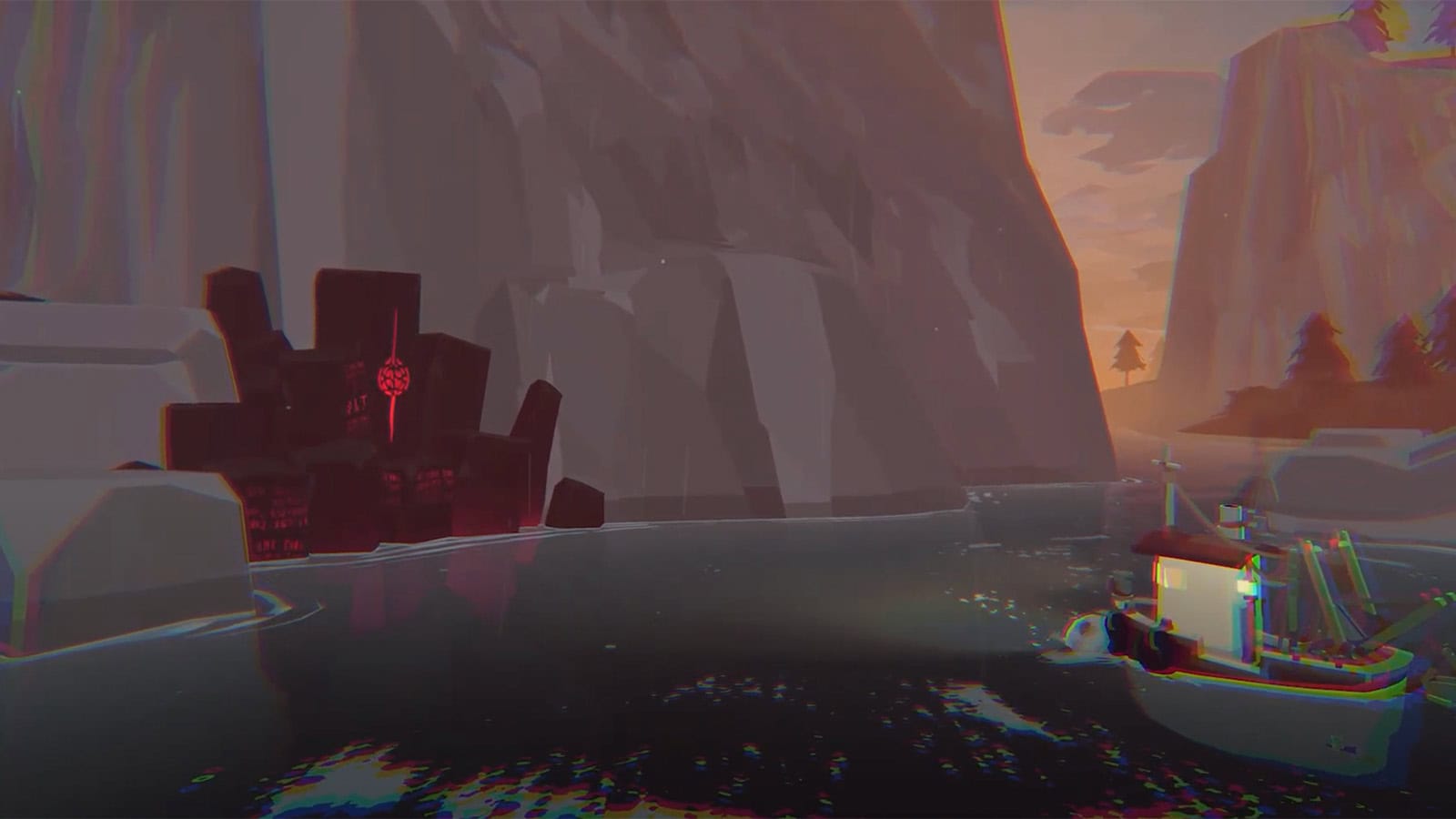 A screenshot from the Dredge launch trailer, showing the player character sailing to a mysterious rock formation.